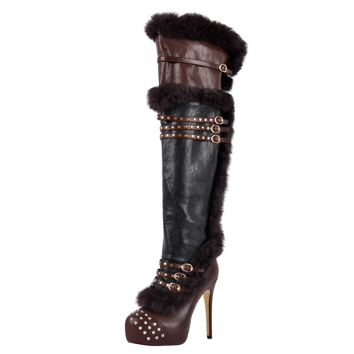 Platform Fur Rivet Buckle Thigh High Boots - Onlymaker