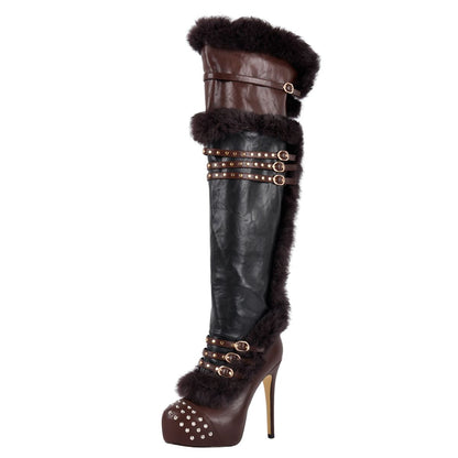 Platform Fur Rivet Buckle Thigh High Boots - Onlymaker