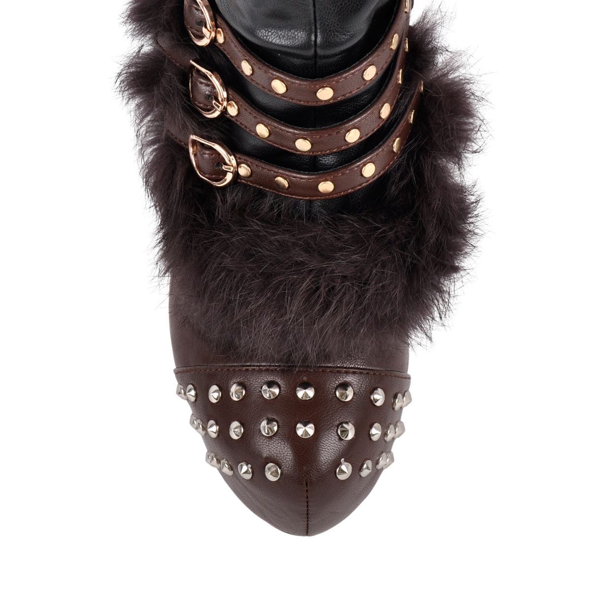 Platform Fur Rivet Buckle Thigh High Boots - Onlymaker