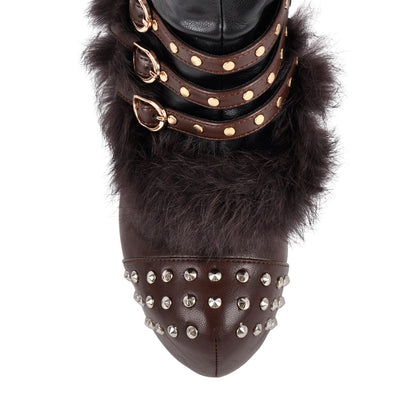 Platform Fur Rivet Buckle Thigh High Boots - Onlymaker