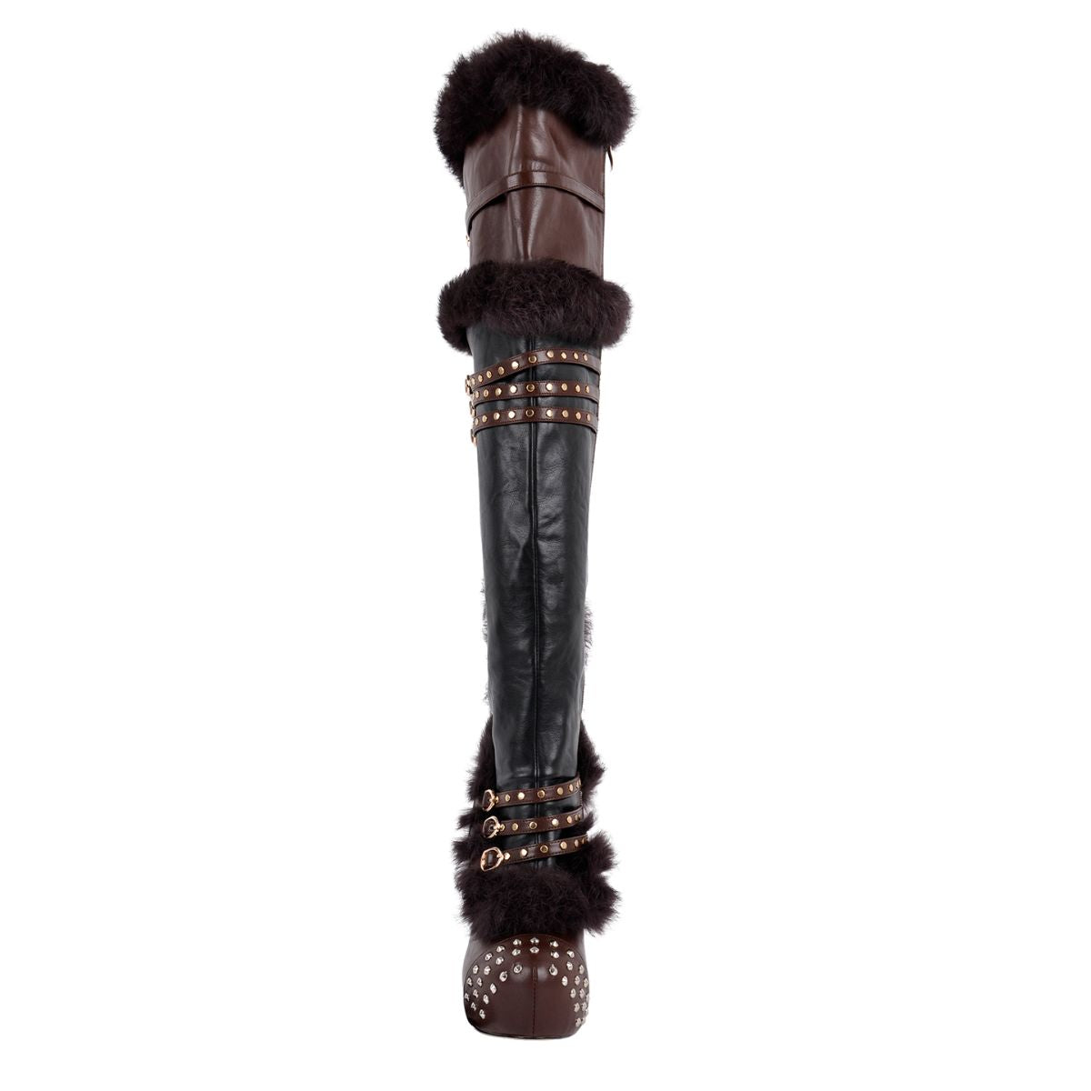 Platform Fur Rivet Buckle Thigh High Boots - Onlymaker