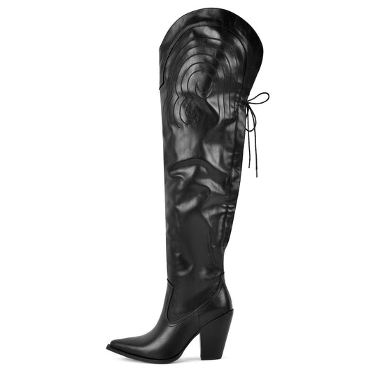 Pointed Toe Back Lace-up Thigh High Western Boots - Onlymaker