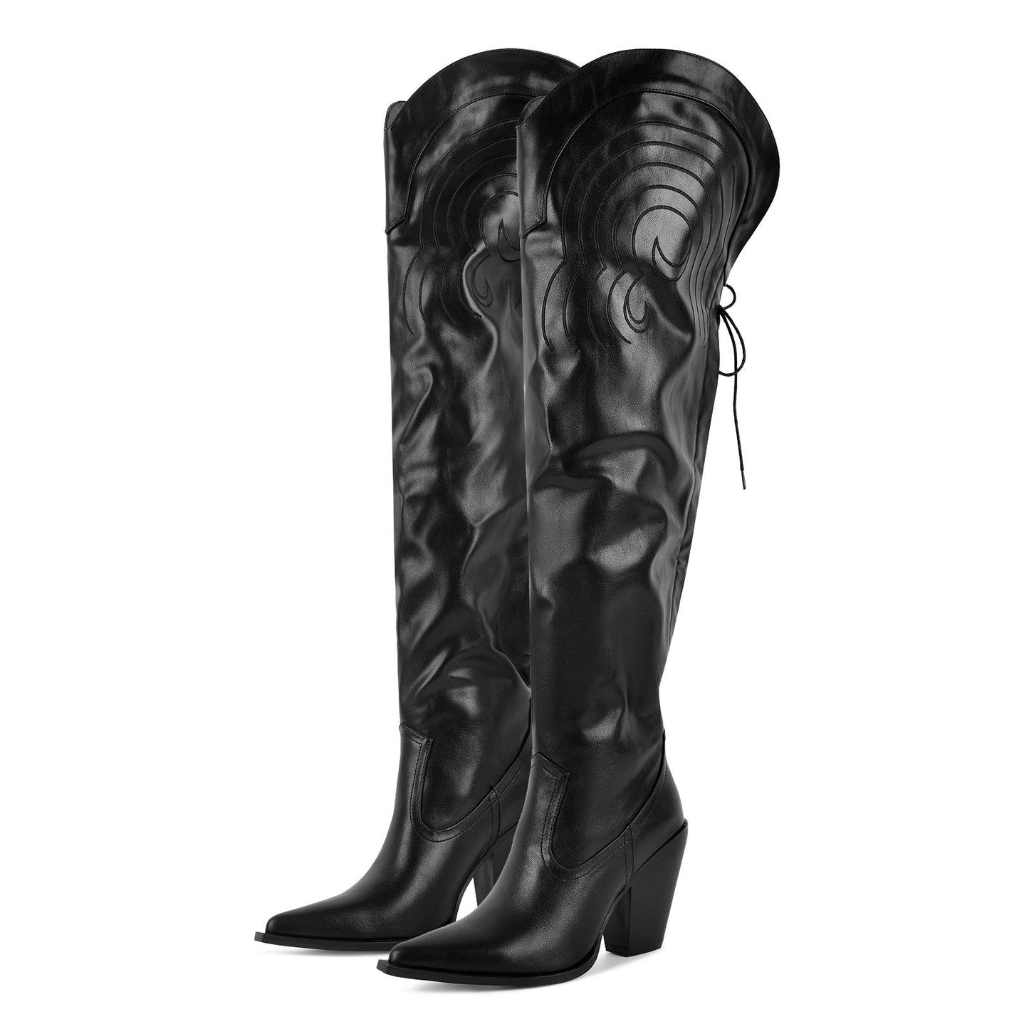 Pointed Toe Back Lace-up Thigh High Western Boots - Onlymaker