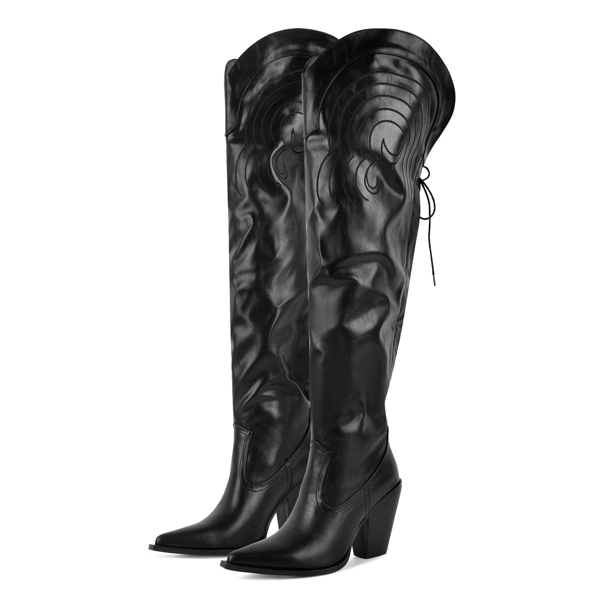 Pointed Toe Back Lace-up Thigh High Western Boots - Onlymaker