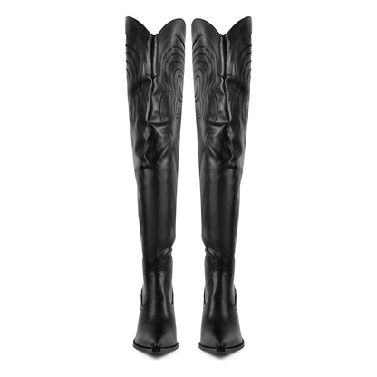Pointed Toe Back Lace-up Thigh High Western Boots - Onlymaker