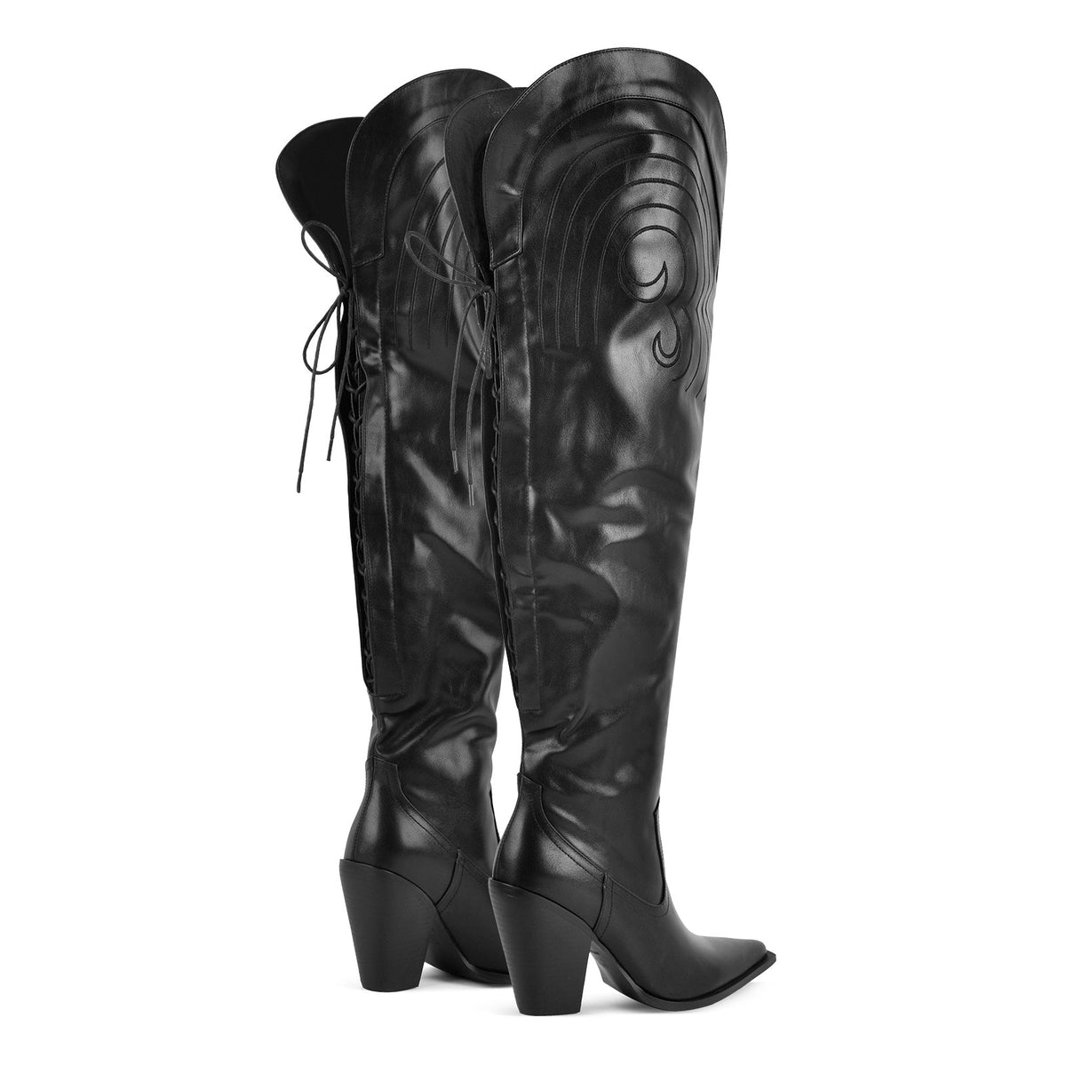 Pointed Toe Back Lace-up Thigh High Western Boots - Onlymaker
