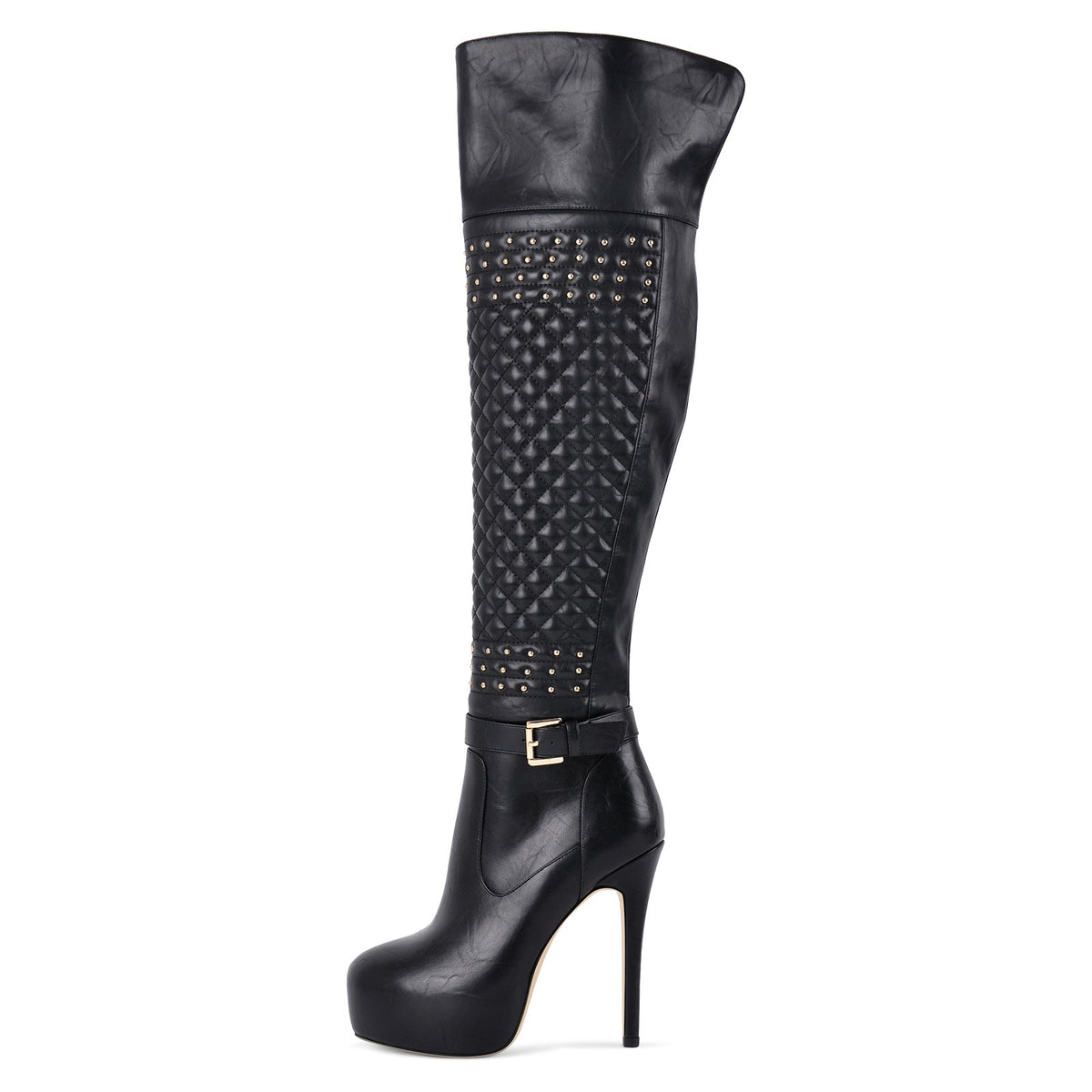 Platform Rivet Buckle Strap Thigh High Boots - Onlymaker