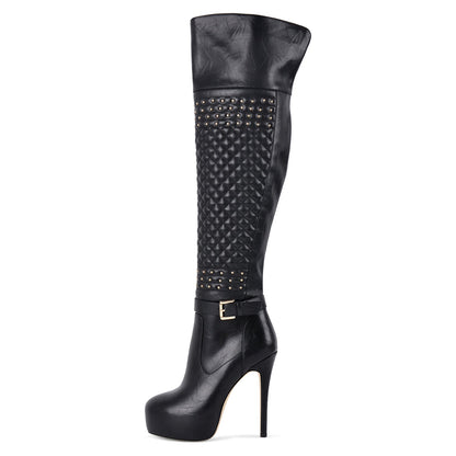 Platform Rivet Buckle Strap Thigh High Boots - Onlymaker