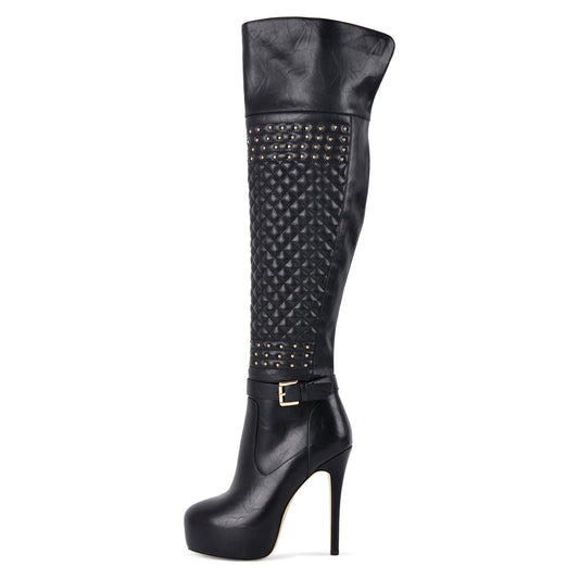 Platform Rivet Buckle Strap Thigh High Boots - Onlymaker