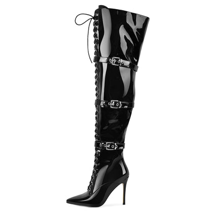 Pointed Toe Buckle Strap Lace-up Thigh High Boots - Onlymaker