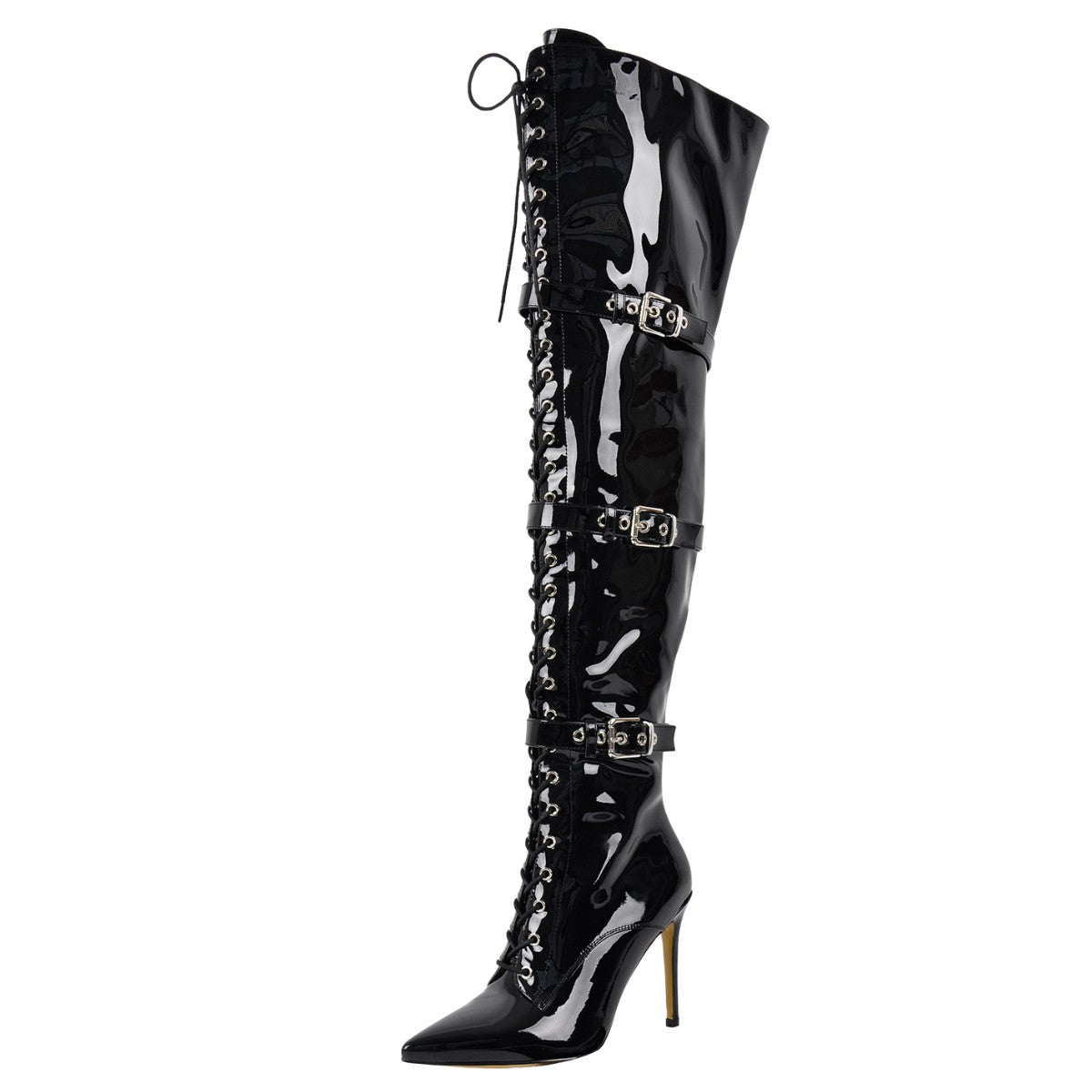 Pointed Toe Buckle Strap Lace-up Thigh High Boots - Onlymaker