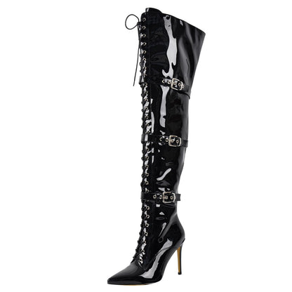 Pointed Toe Buckle Strap Lace-up Thigh High Boots - Onlymaker