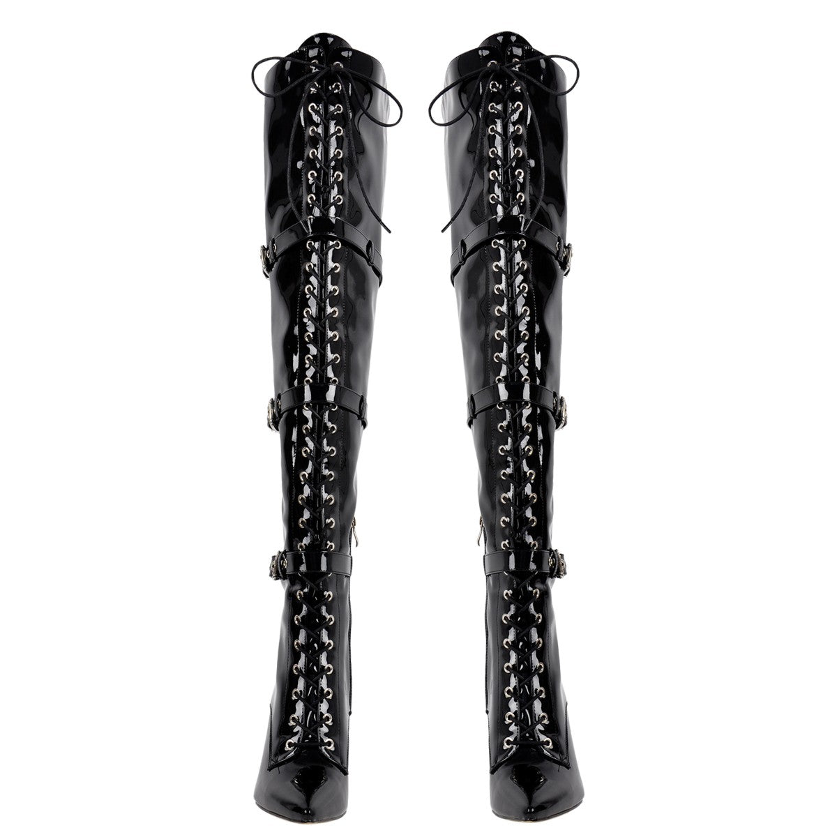 Pointed Toe Buckle Strap Lace-up Thigh High Boots - Onlymaker