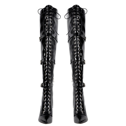 Pointed Toe Buckle Strap Lace-up Thigh High Boots - Onlymaker