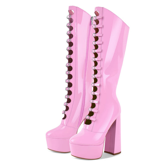 Platform Multibuckle Strap Knee High Boots - Onlymaker