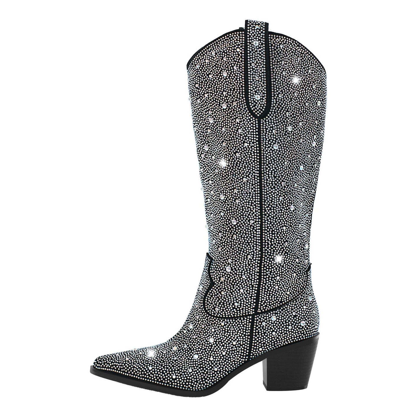 Rhinestone Pointed Toe Knee High Western Boots - Onlymaker