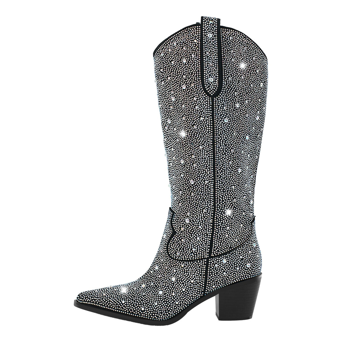 Rhinestone Pointed Toe Knee High Western Boots - Onlymaker