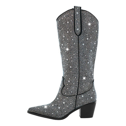 Rhinestone Pointed Toe Knee High Western Boots - Onlymaker