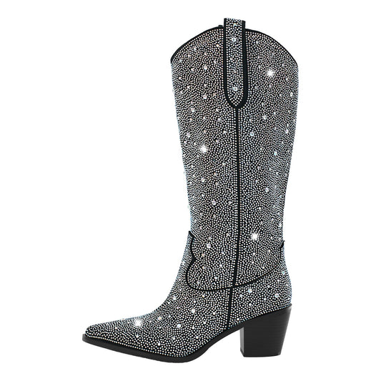 Rhinestone Pointed Toe Knee High Western Boots - Onlymaker