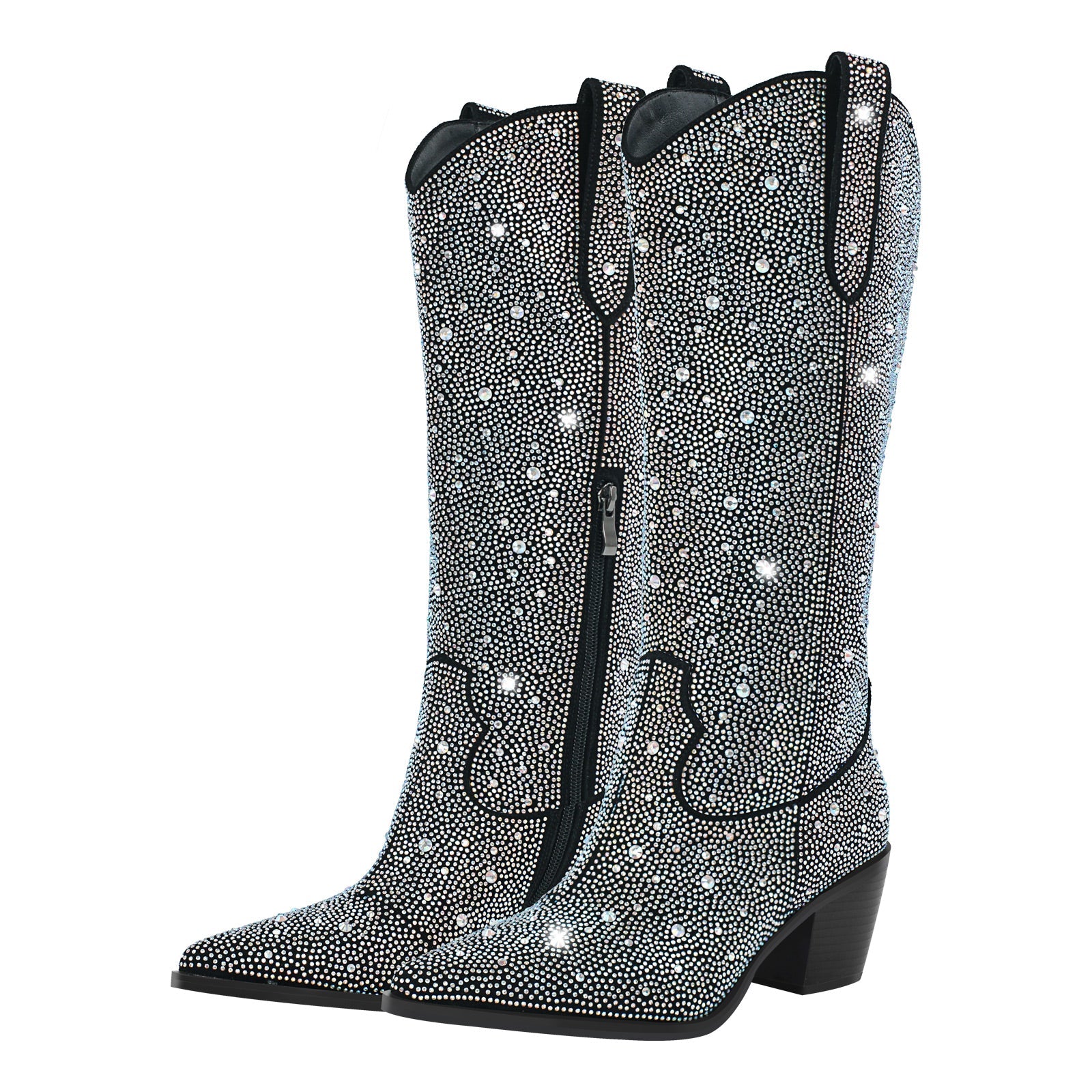 Rhinestone Pointed Toe Knee High Western Boots - Onlymaker