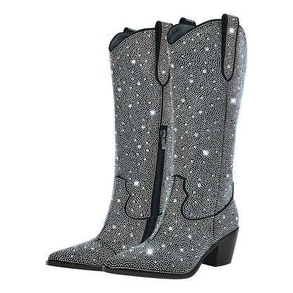 Rhinestone Pointed Toe Knee High Western Boots - Onlymaker