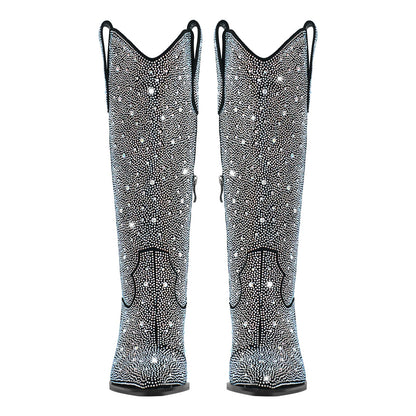Rhinestone Pointed Toe Knee High Western Boots - Onlymaker