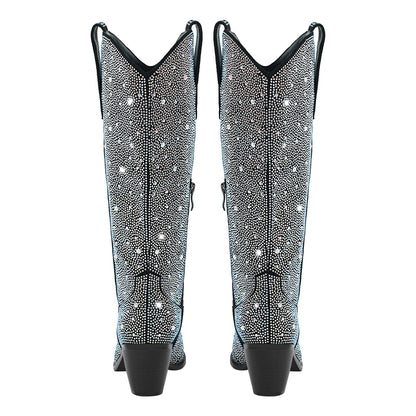 Rhinestone Pointed Toe Knee High Western Boots - Onlymaker