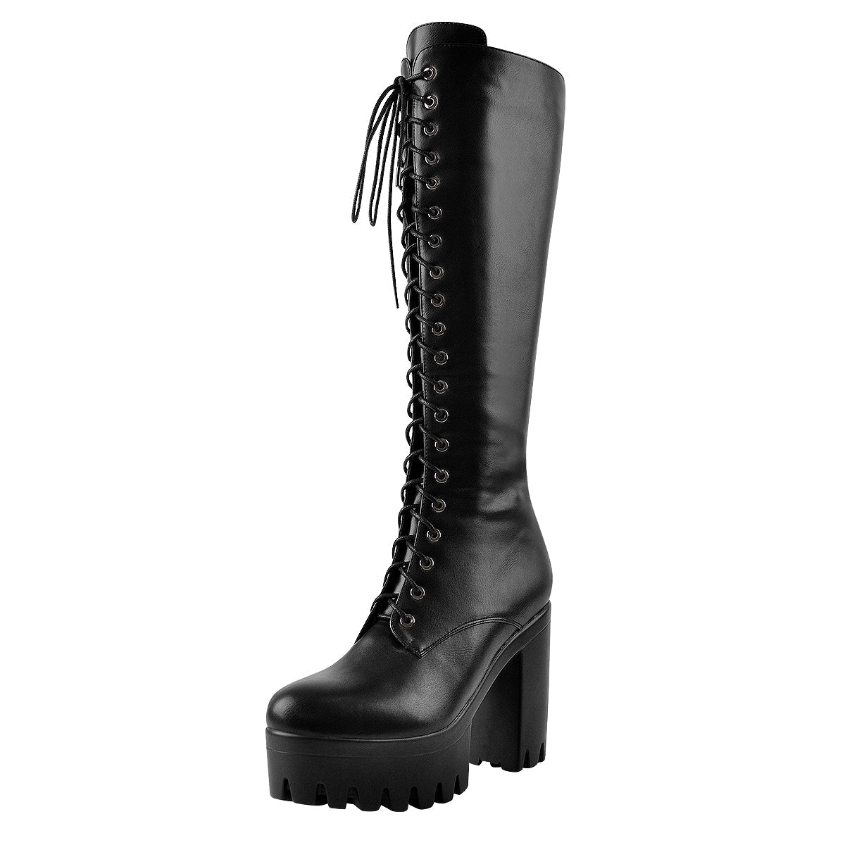 Round Toe Chunky Heel Lace up Platform Knee Boots - Onlymaker
