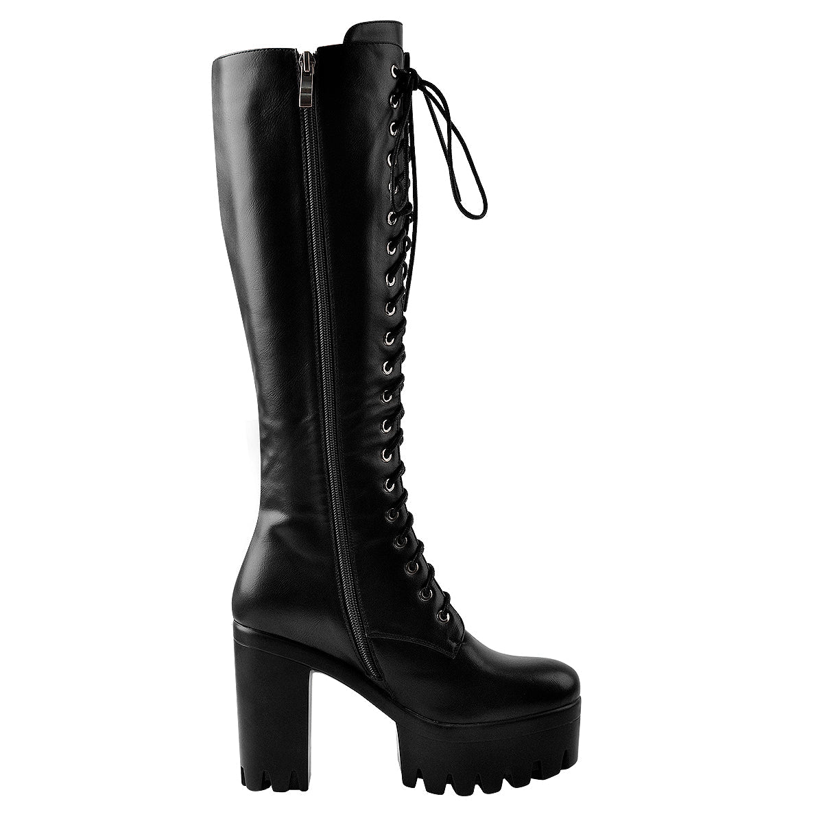 Round Toe Chunky Heel Lace up Platform Knee Boots - Onlymaker