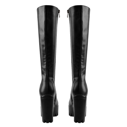Round Toe Chunky Heel Lace up Platform Knee Boots - Onlymaker