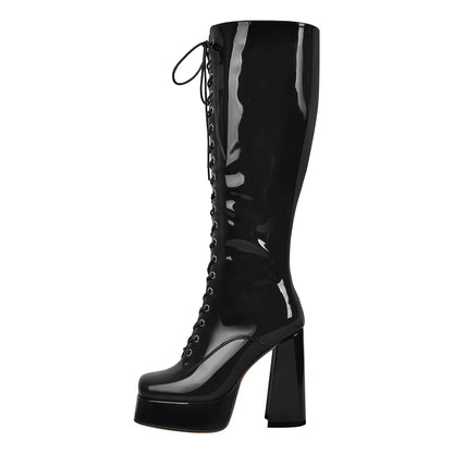 Square Toe Lace up Chunky Heels Boots - Onlymaker
