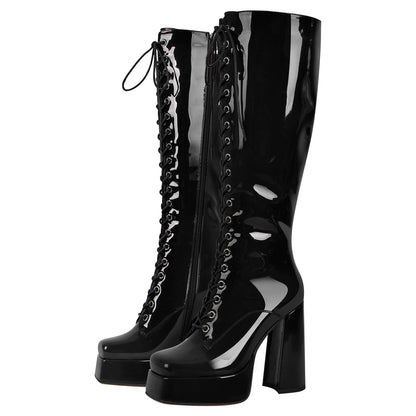 Square Toe Lace up Chunky Heels Boots - Onlymaker