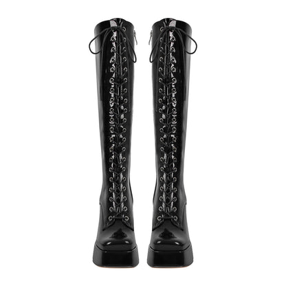 Square Toe Lace up Chunky Heels Boots - Onlymaker