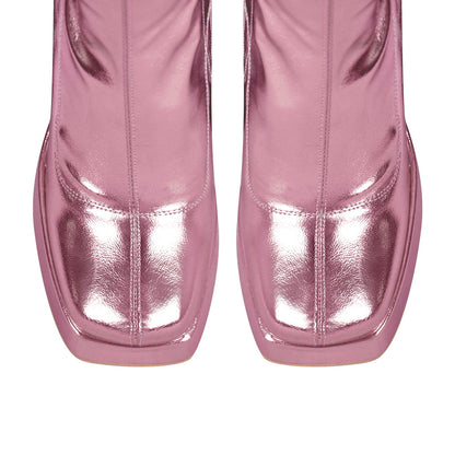 Metallic Leather Platform Chunky Heel Knee High Boots - Onlymaker