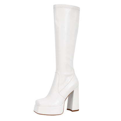 Square Toe Platform Chunky Heel Knee High Boots - Onlymaker