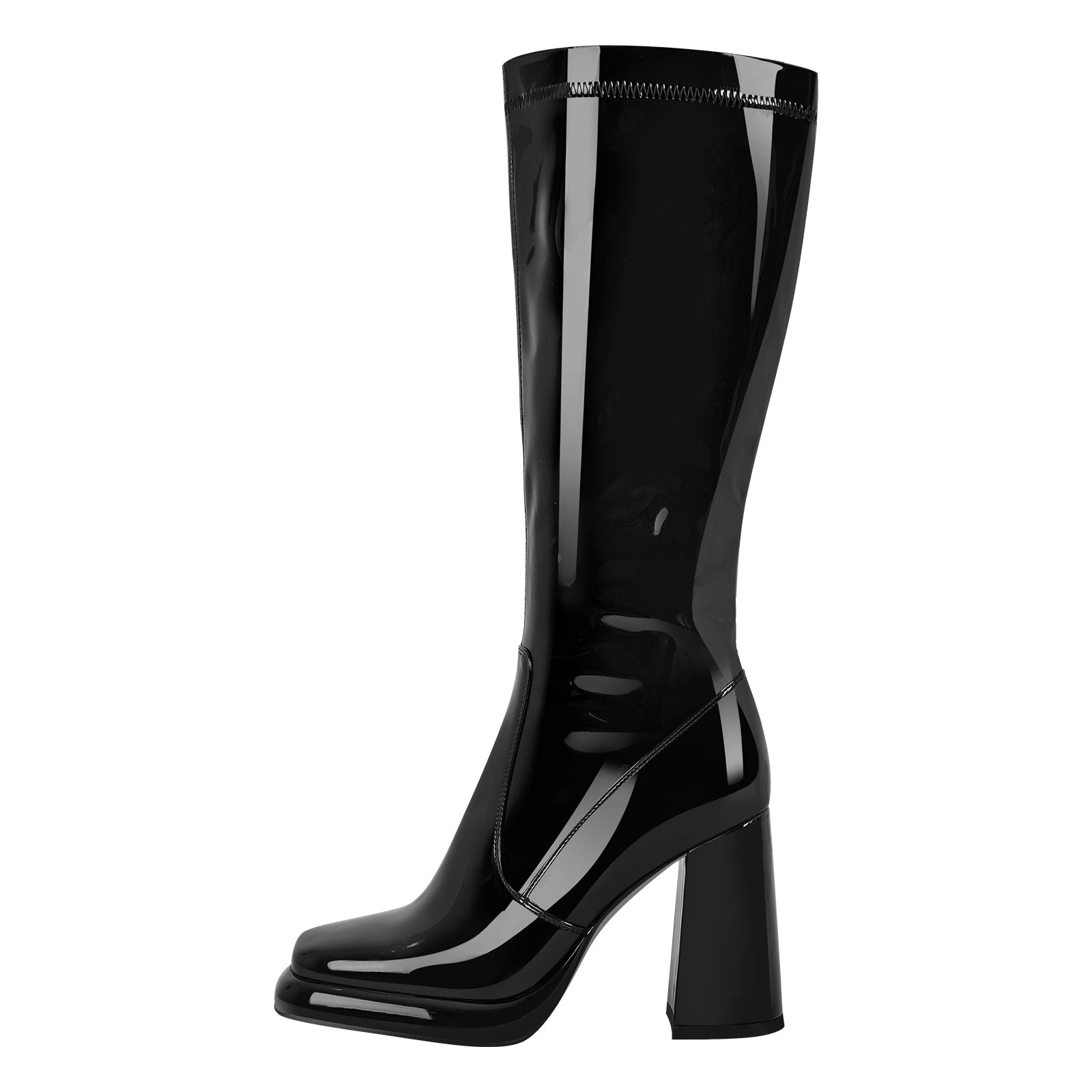 Platform Square Toe Chunky Heel Knee High Boots - Onlymaker
