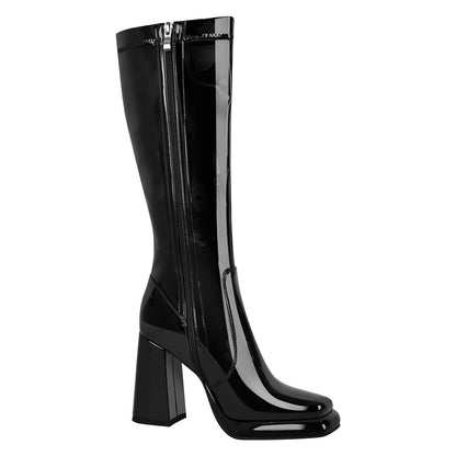 Platform Square Toe Chunky Heel Knee High Boots - Onlymaker