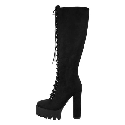 Platform Chunky Heels Lace up Knee High Boots - Onlymaker