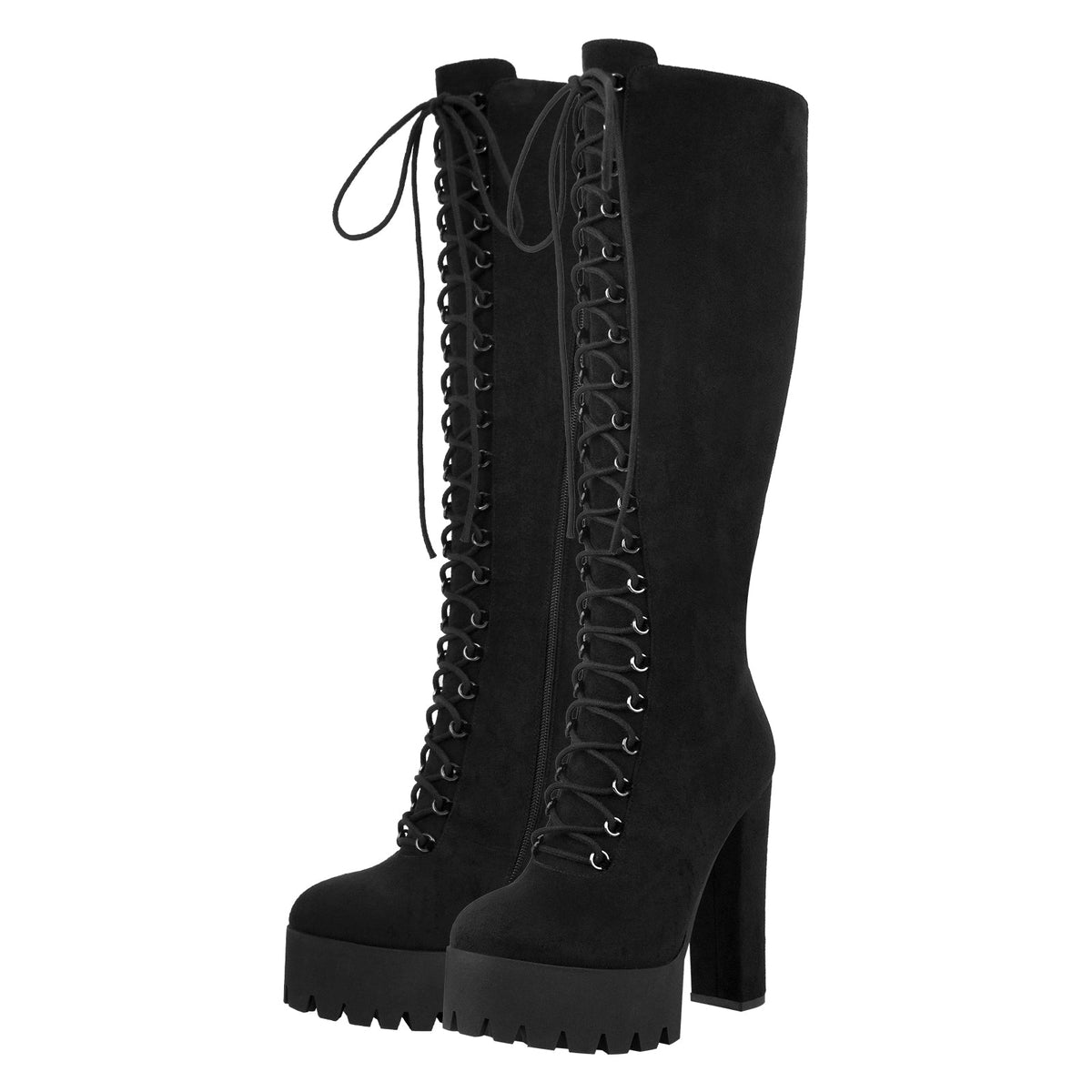 Platform Chunky Heels Lace up Knee High Boots - Onlymaker