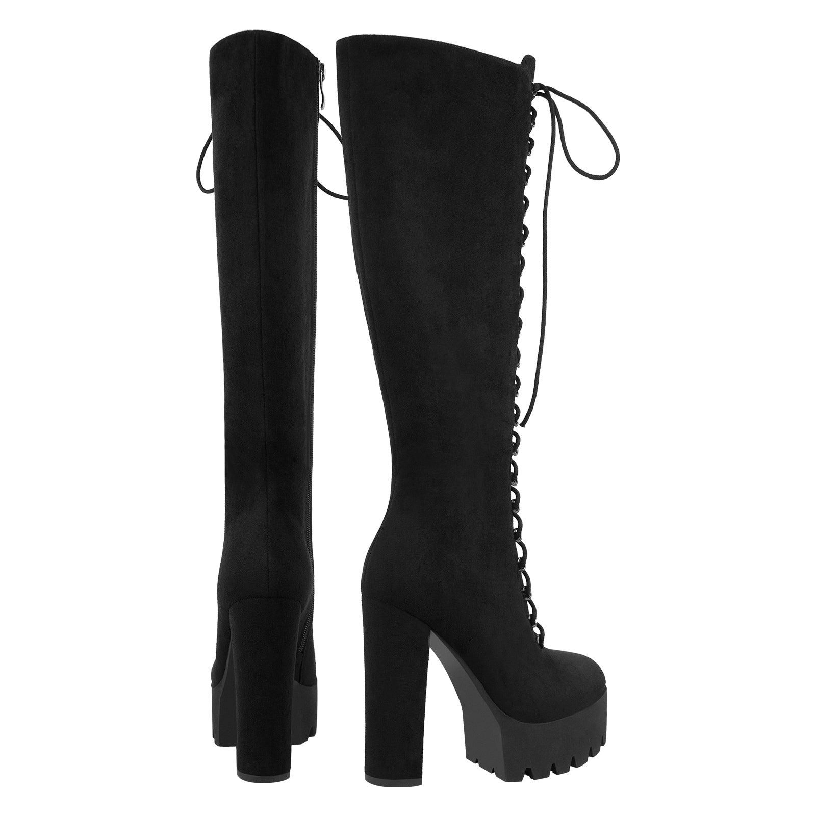 Platform Chunky Heels Lace up Knee High Boots - Onlymaker