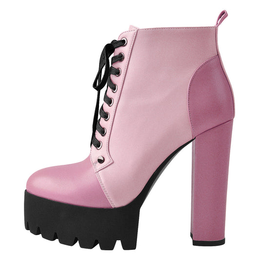 Platform Split Joint Lace-up Chunky Heel Ankle Boots - Onlymaker
