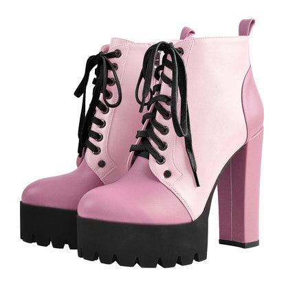 Platform Split Joint Lace-up Chunky Heel Ankle Boots - Onlymaker