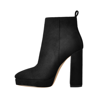 Suede Pointed Toe Chunky Heel Ankle Boots - Onlymaker
