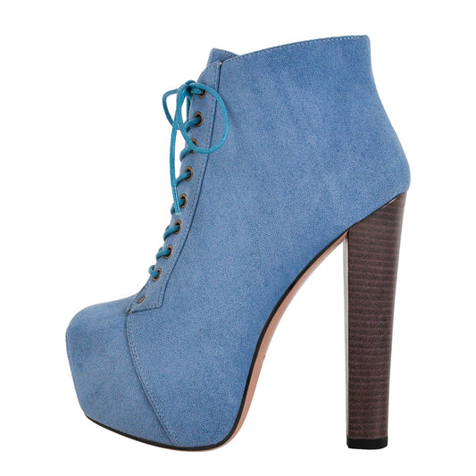 Blue Suede Platform Chunky Heel Ankle Boots - Onlymaker