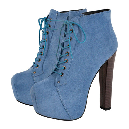 Blue Suede Platform Chunky Heel Ankle Boots - Onlymaker