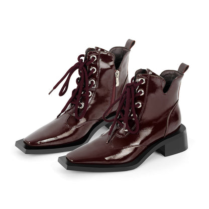 Square Toe Lace-up Chunky Heel Ankle Boots - Onlymaker