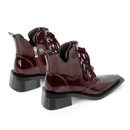 Square Toe Lace-up Chunky Heel Ankle Boots - Onlymaker