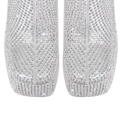 Rhinestone Square Toe Platform Chunky Heel Ankle Boots - Onlymaker