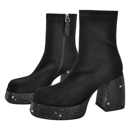 Black Round Toe Chunky Heel Rhinestone Ankle Boots - Onlymaker