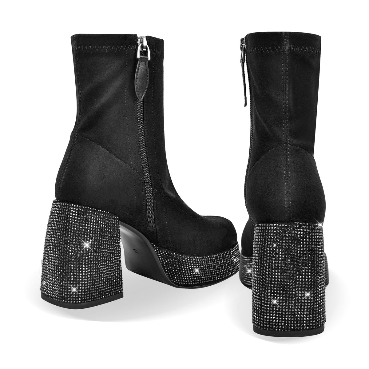 Black Round Toe Chunky Heel Rhinestone Ankle Boots - Onlymaker
